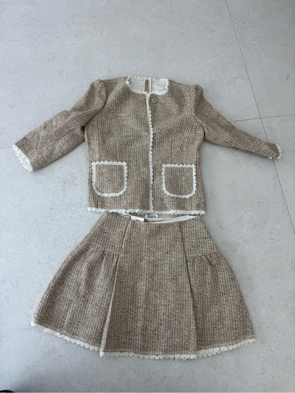 RED Valentino Beige Tweed Jacket & Skirt Set with White Trim